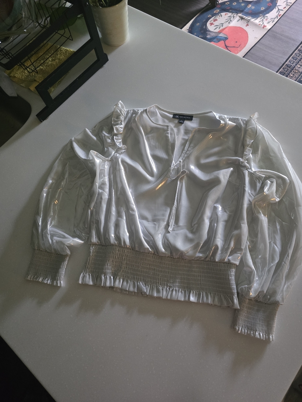 INC International Concepts Sheer White Puff-Sleeve Blouse with Smocked Hem
